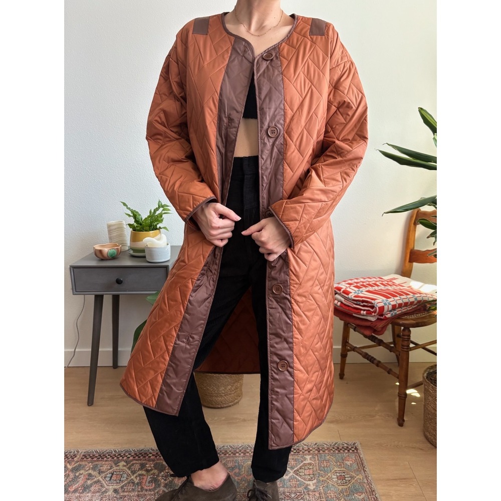 Steve Madden Rust Orange Quilted Longline Liner Coat Brown Trim Womens Size M